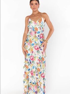 Show Me Your MuMu Romance Ruffle Dress- Ivory Botanical Floral Maxi- Size Small